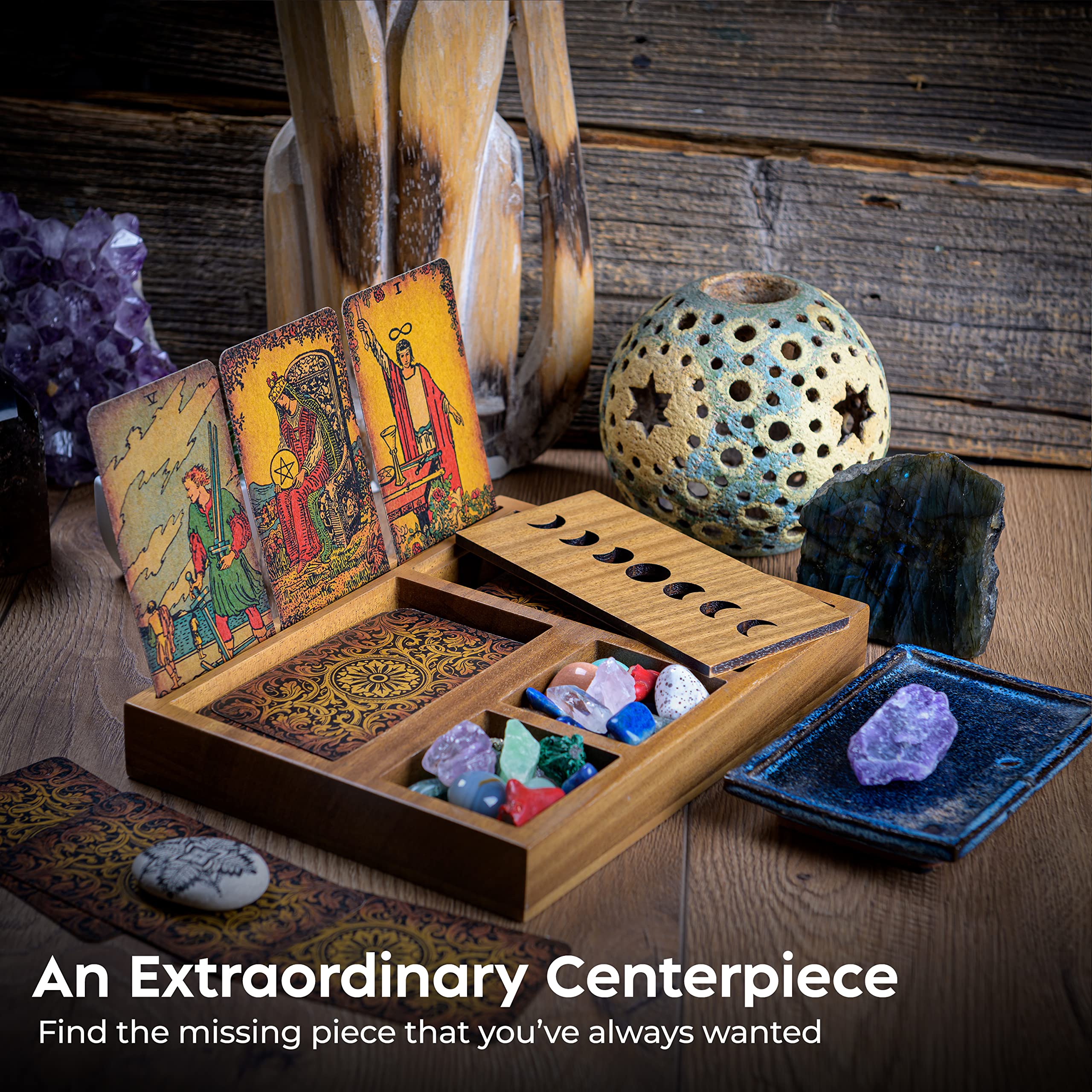 Curawood with crystals and decks arranged for altar organization benefit