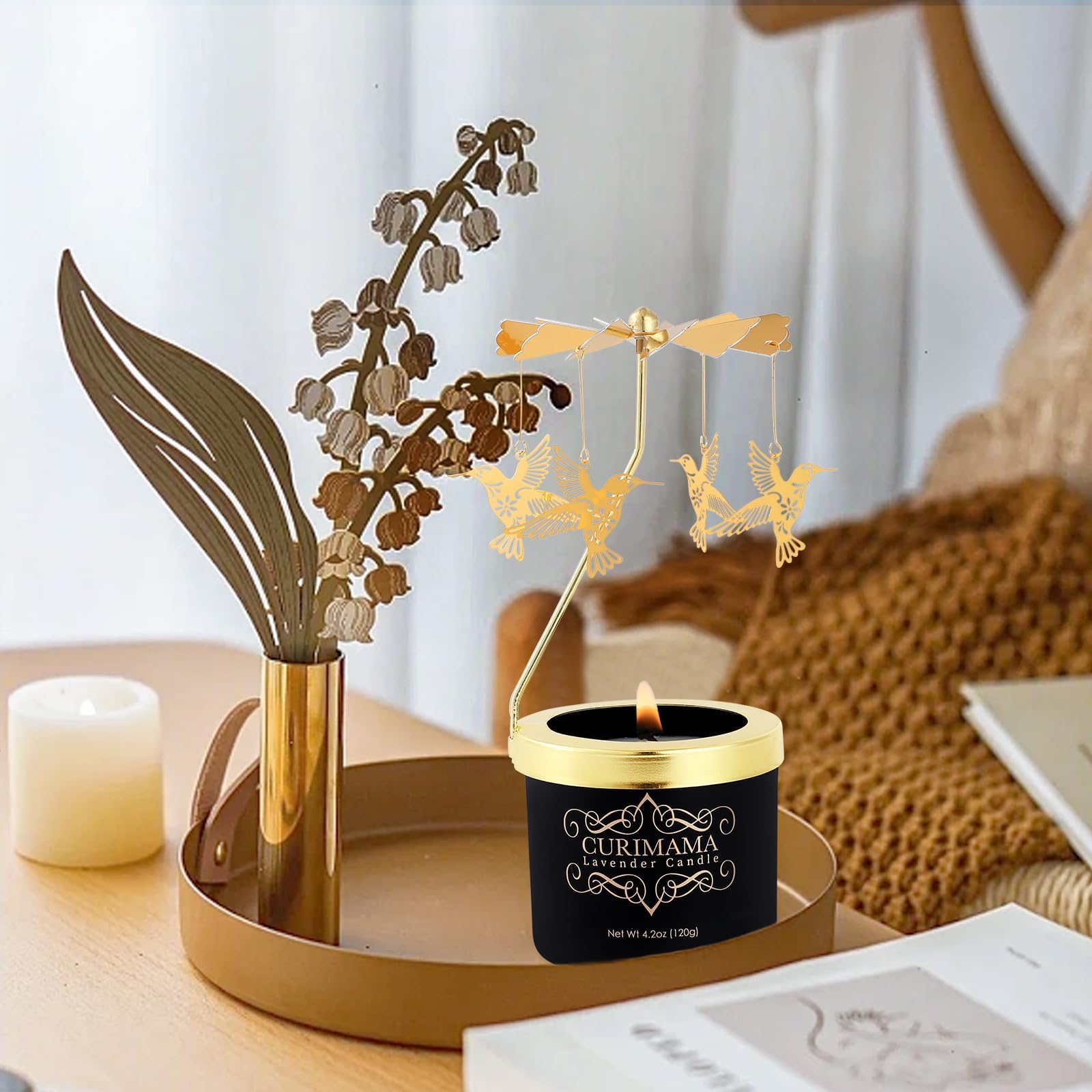Curimama candle burning in bedroom creating a calming lavender ambiance