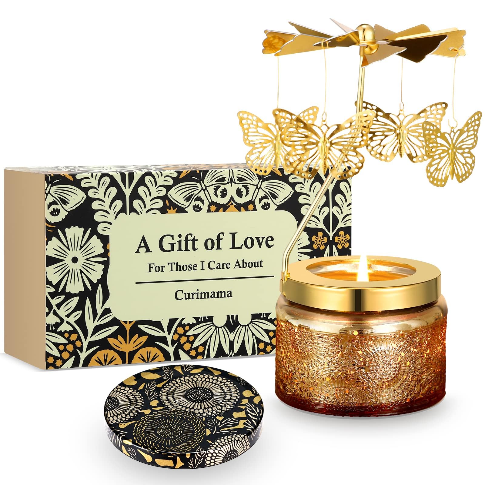 Curimama rotating butterfly candle front view shows gift-ready jar and elegant design benefit: ready-to-display