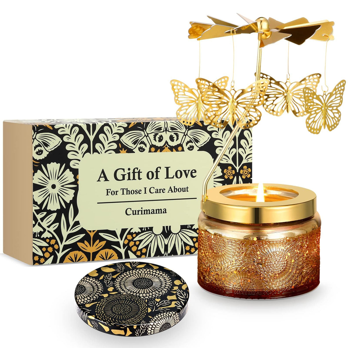 Curimama rotating butterfly candle front view shows gift-ready jar and elegant design benefit: ready-to-display