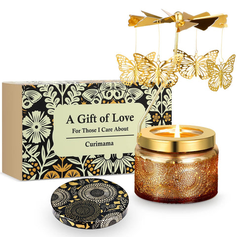 Curimama rotating butterfly candle front view shows gift-ready jar and elegant design benefit: ready-to-display