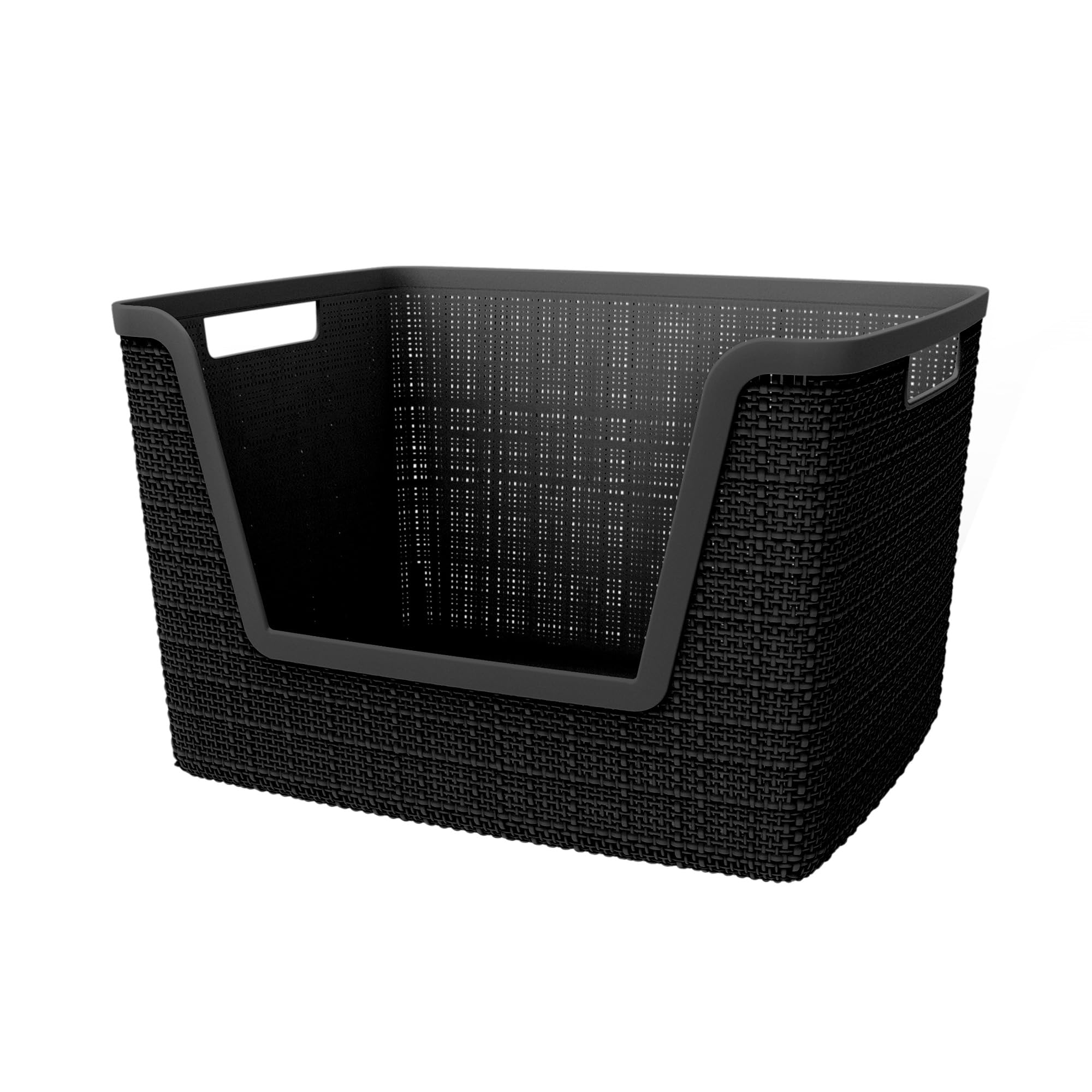 Curver front view of black jute-style basket showing neat storage benefit
