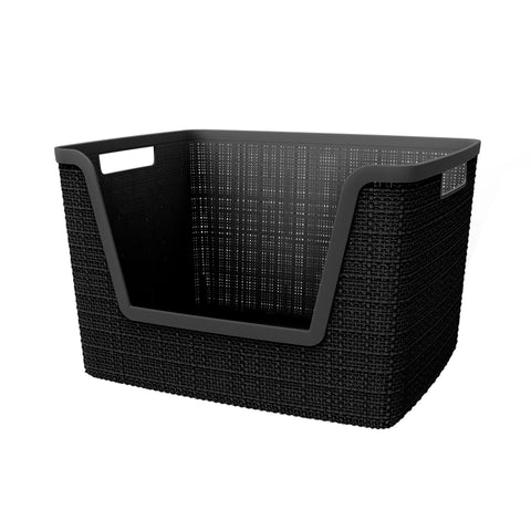 Curver front view of black jute-style basket showing neat storage benefit