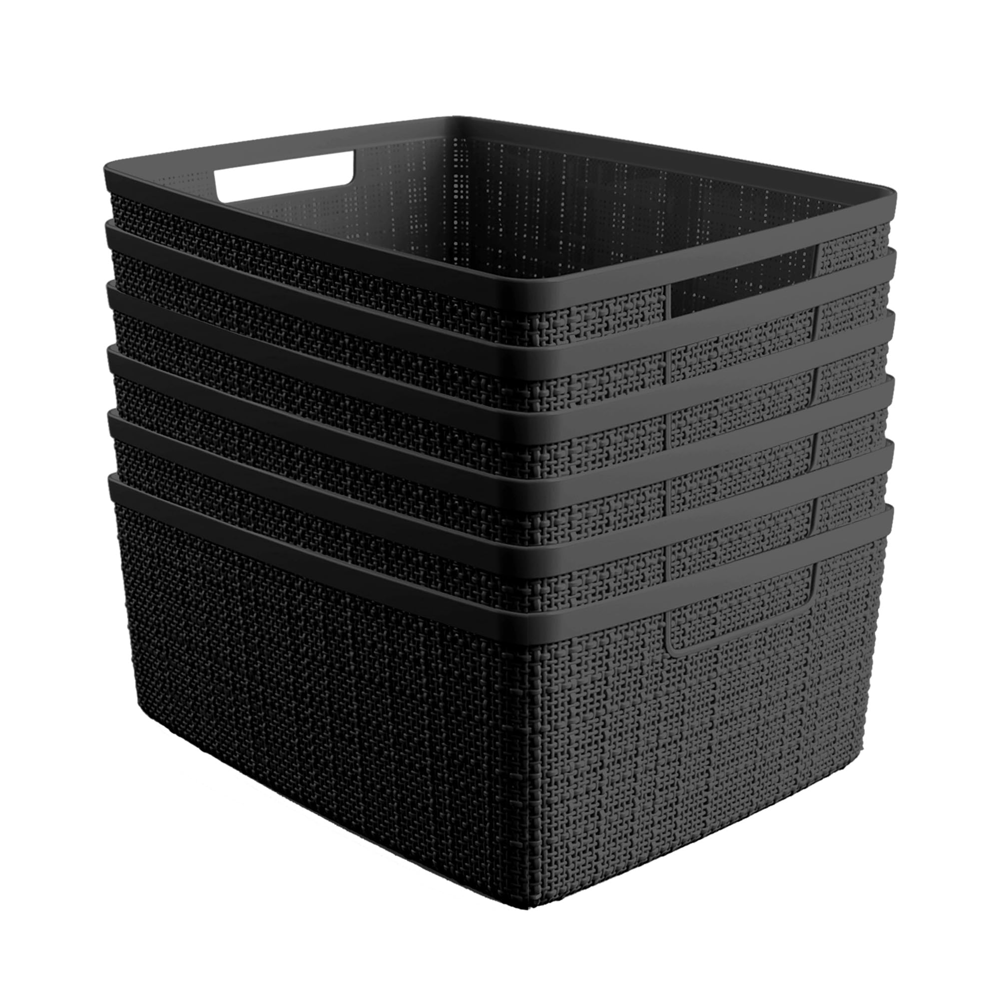 Curver front view of black jute-look basket showing clean lines and storage benefit