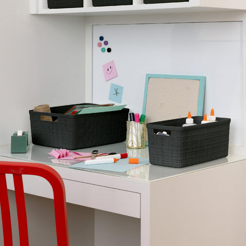 Curver set of baskets styled in living room showing cohesive storage solution