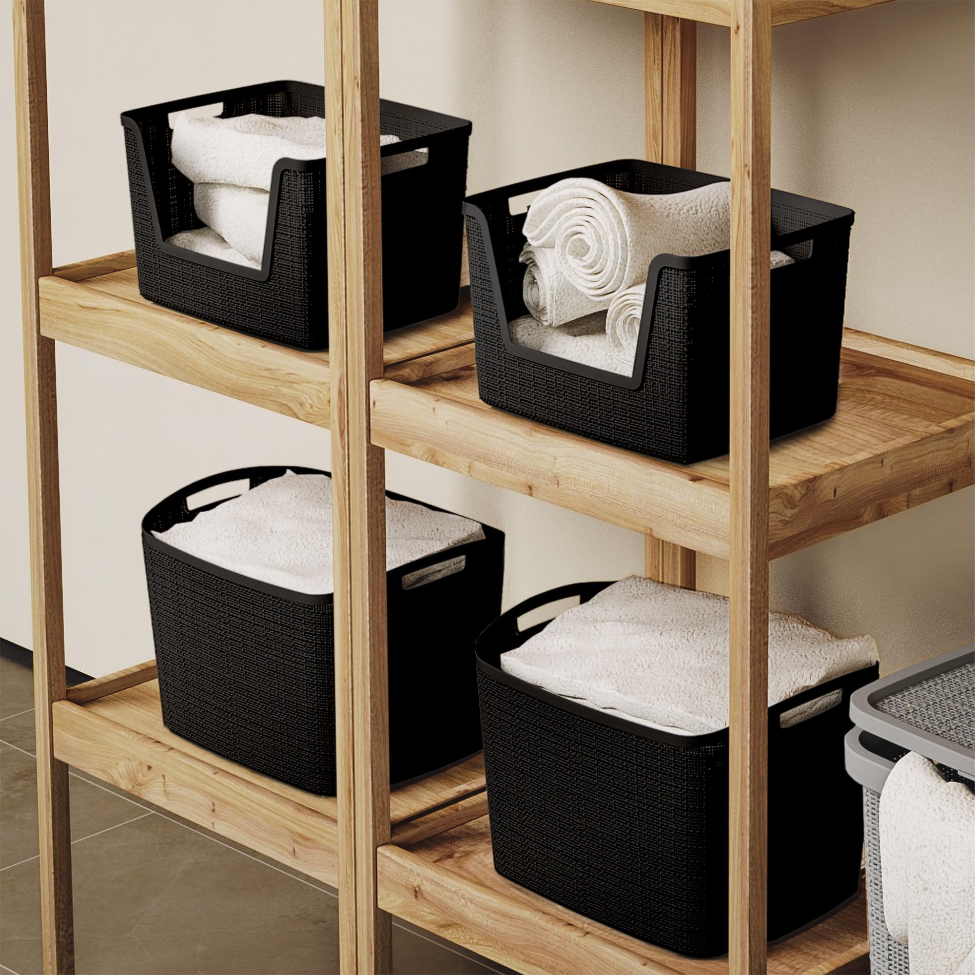 Curver basket on closet shelf with clothing showing decluttering benefit