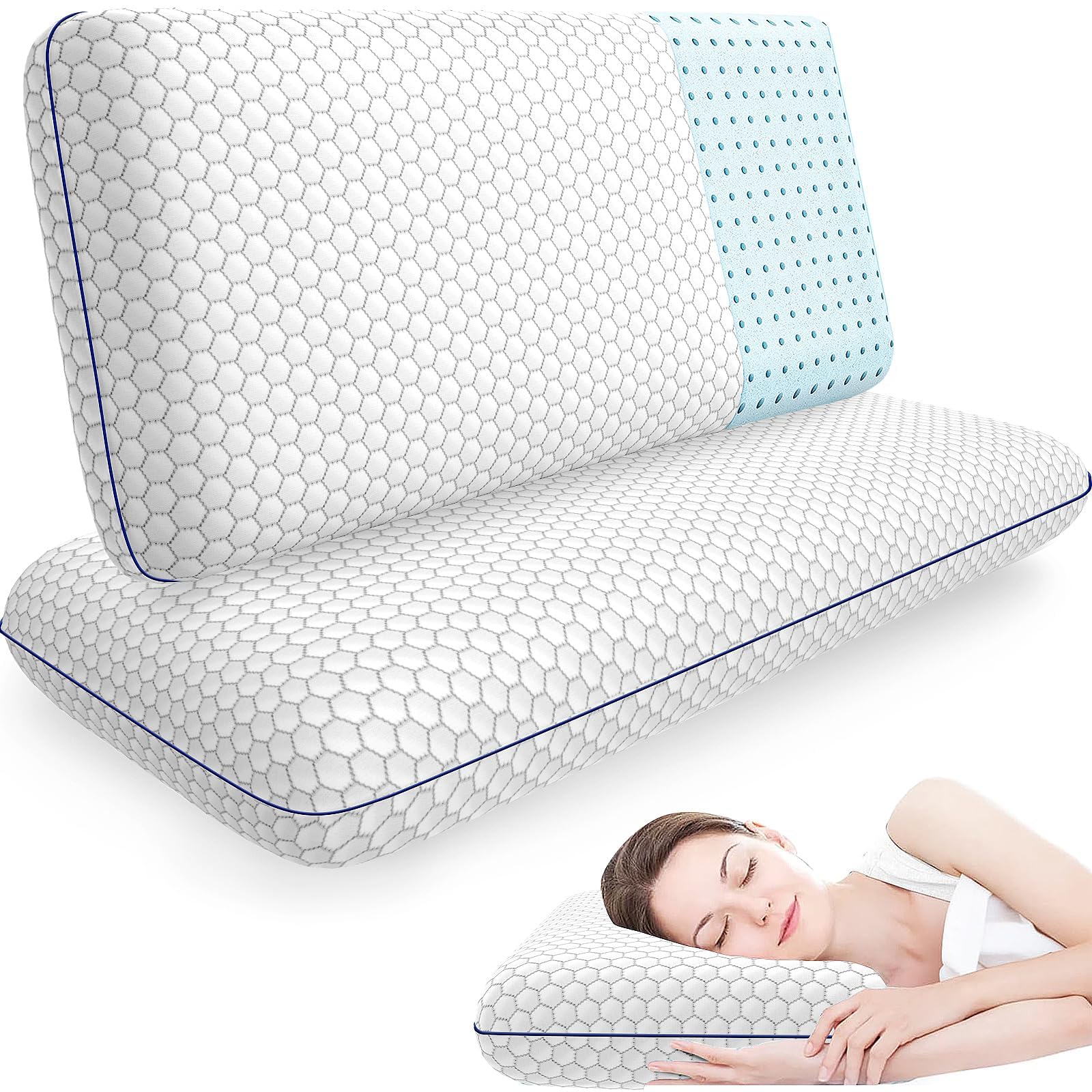 CushyOasis front view of king-size pillow set shows matching pillows and packaging benefit: ready replacement