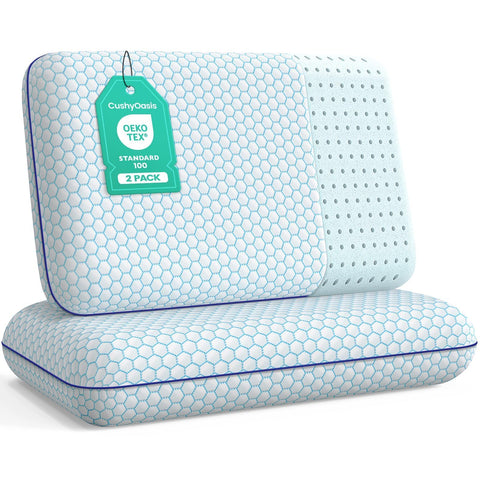 CushyOasis front packaging showing blue standard pillows and benefits of support