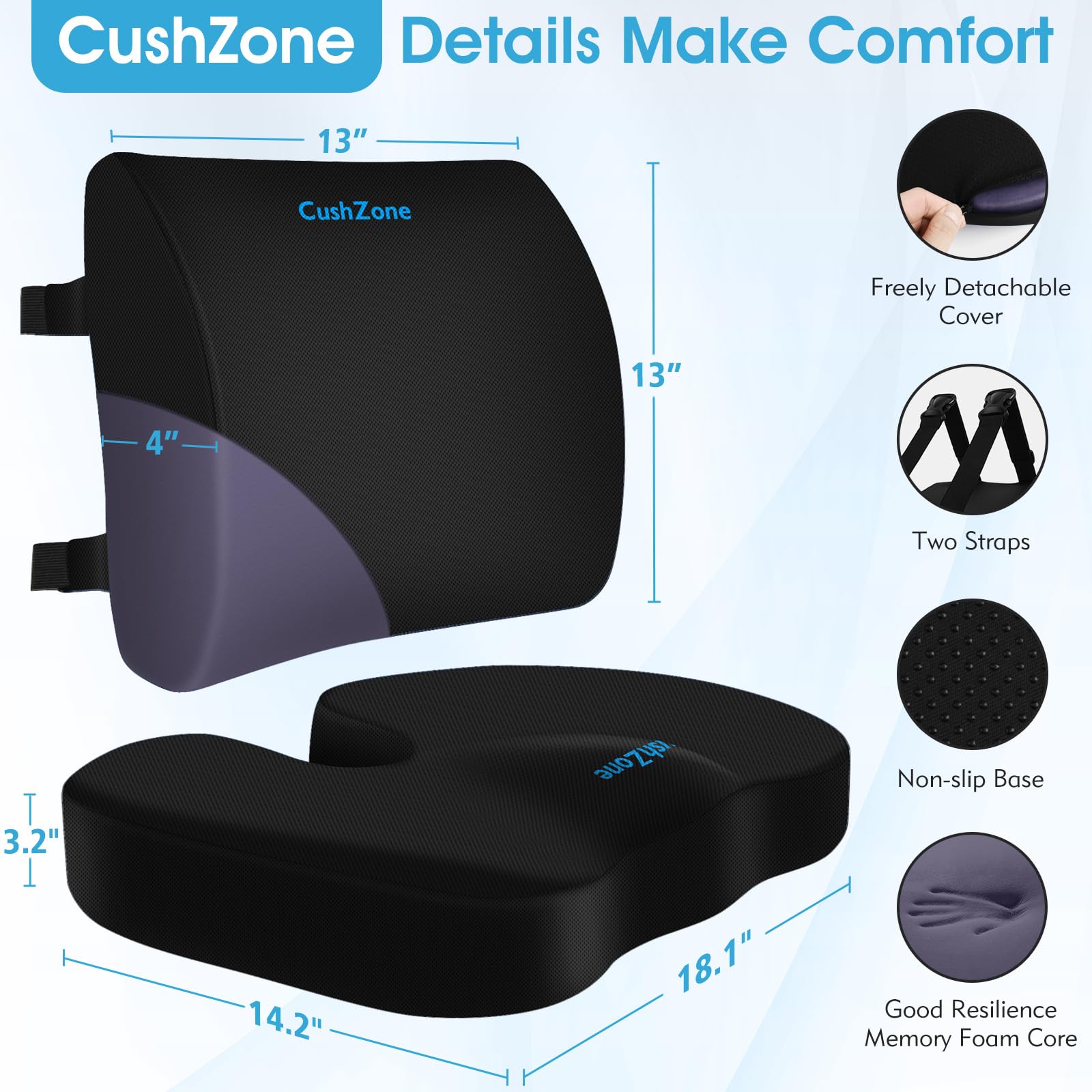 CushZone underside non-slip pattern securing the seat cushion on chairs