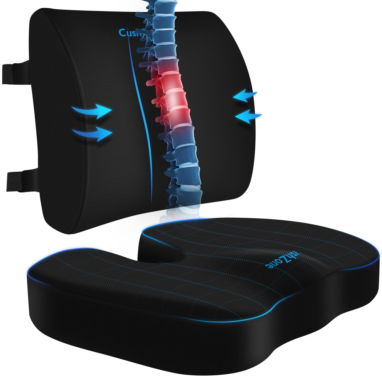 CushZone front view of seat cushion and lumbar set showing ergonomic shape and coverage