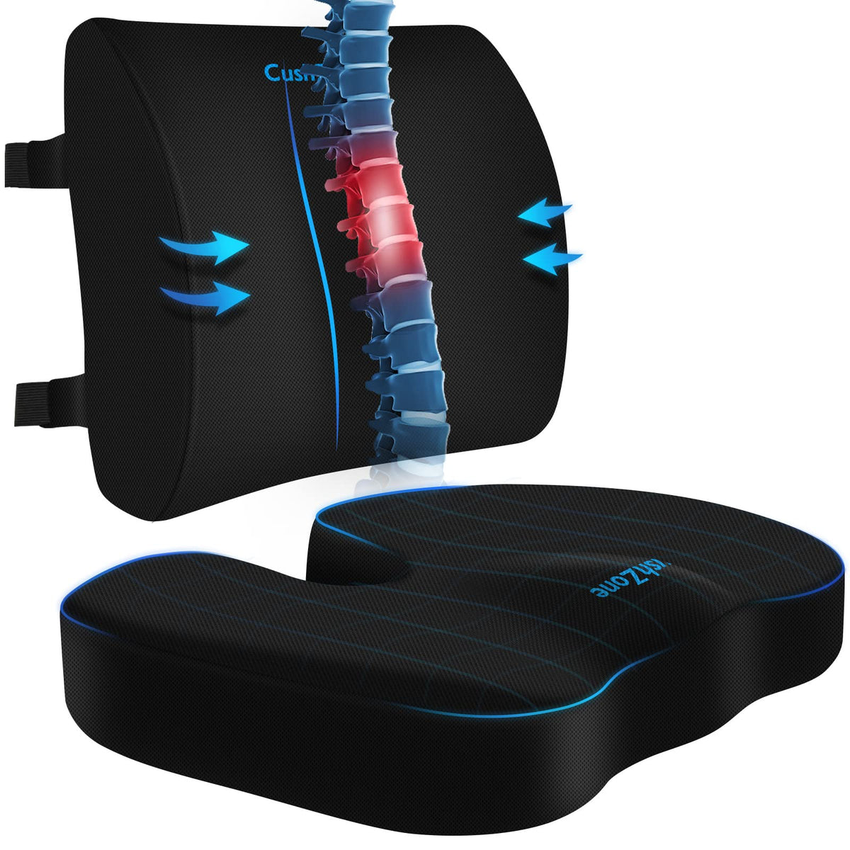 CushZone front view of seat cushion and lumbar set showing ergonomic shape and coverage