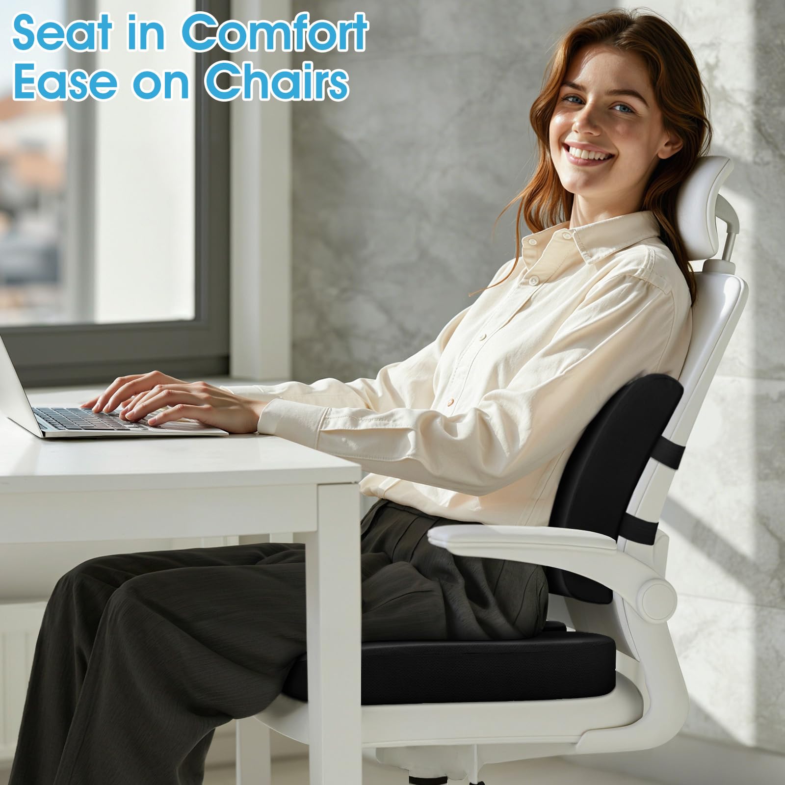 CushZone seat and lumbar in an office chair offering posture support at a desk