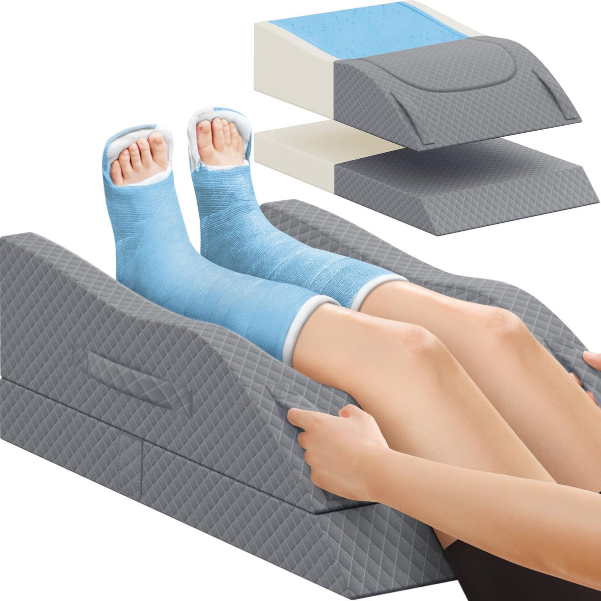 CushZone leg pillow front view showing contour and grey cover supportive comfort