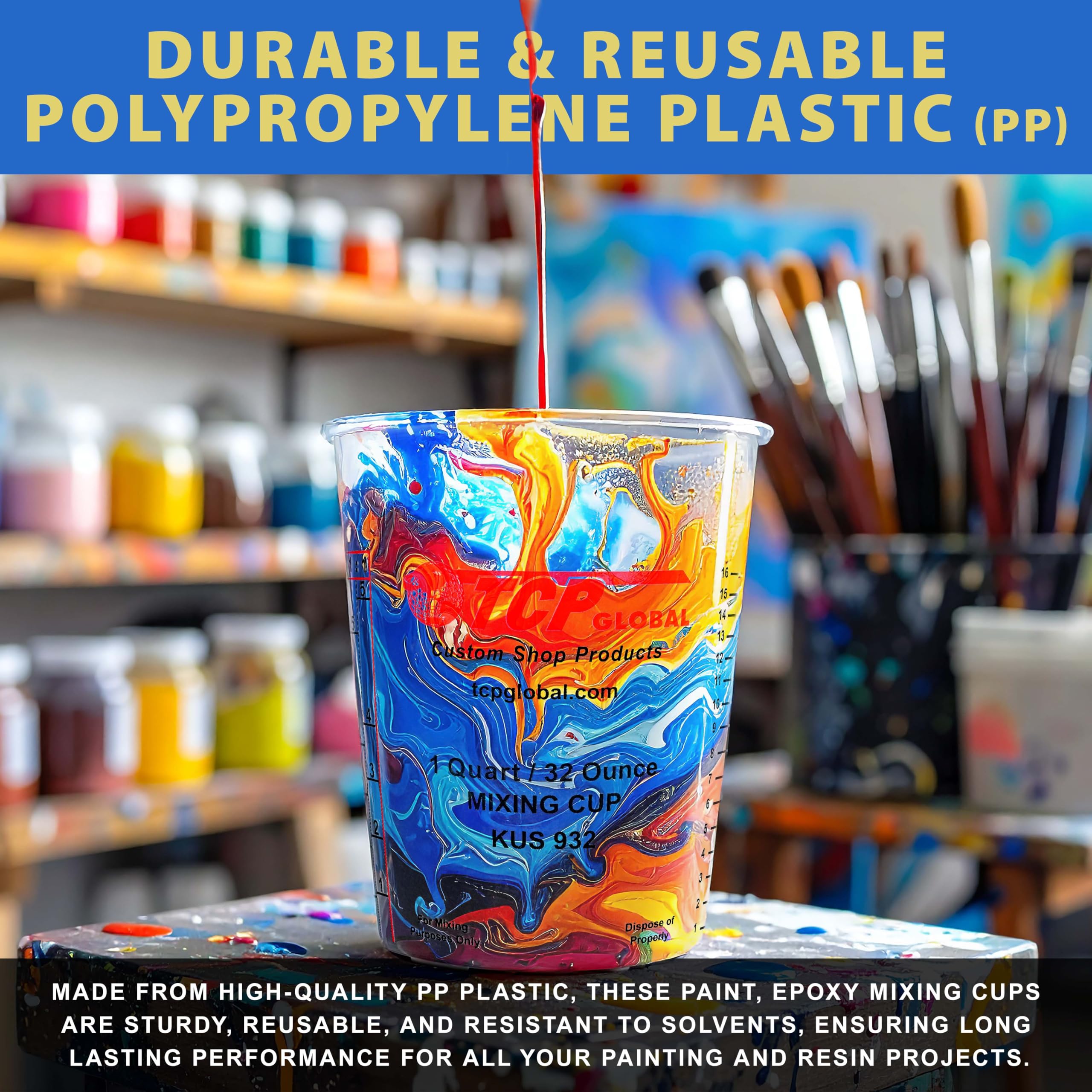 Custom Shop cup in use stirring epoxy demonstrating accurate mixing and containment
