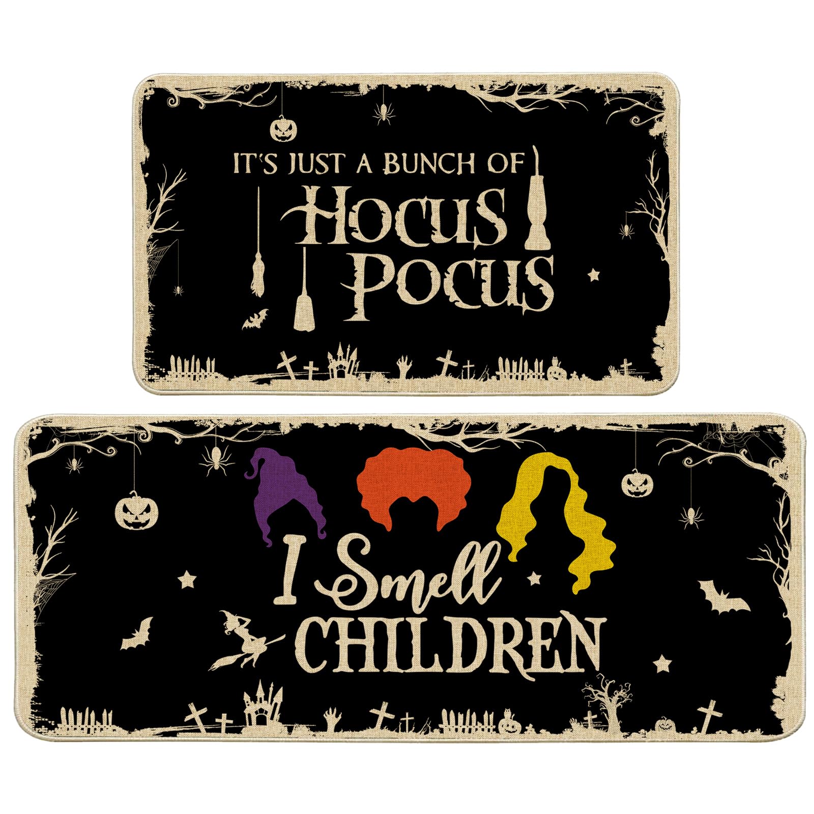 cusugbaso front view of both Halloween mats showing bold print and coverage benefit