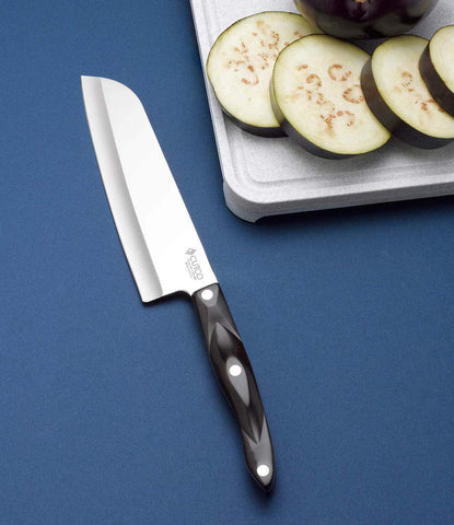 Cutco santoku handle close-up classic brown thermo-resin grip for secure comfort