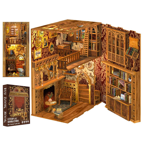 Cutefun front view of finished book nook showing cozy library scene and shelf charm