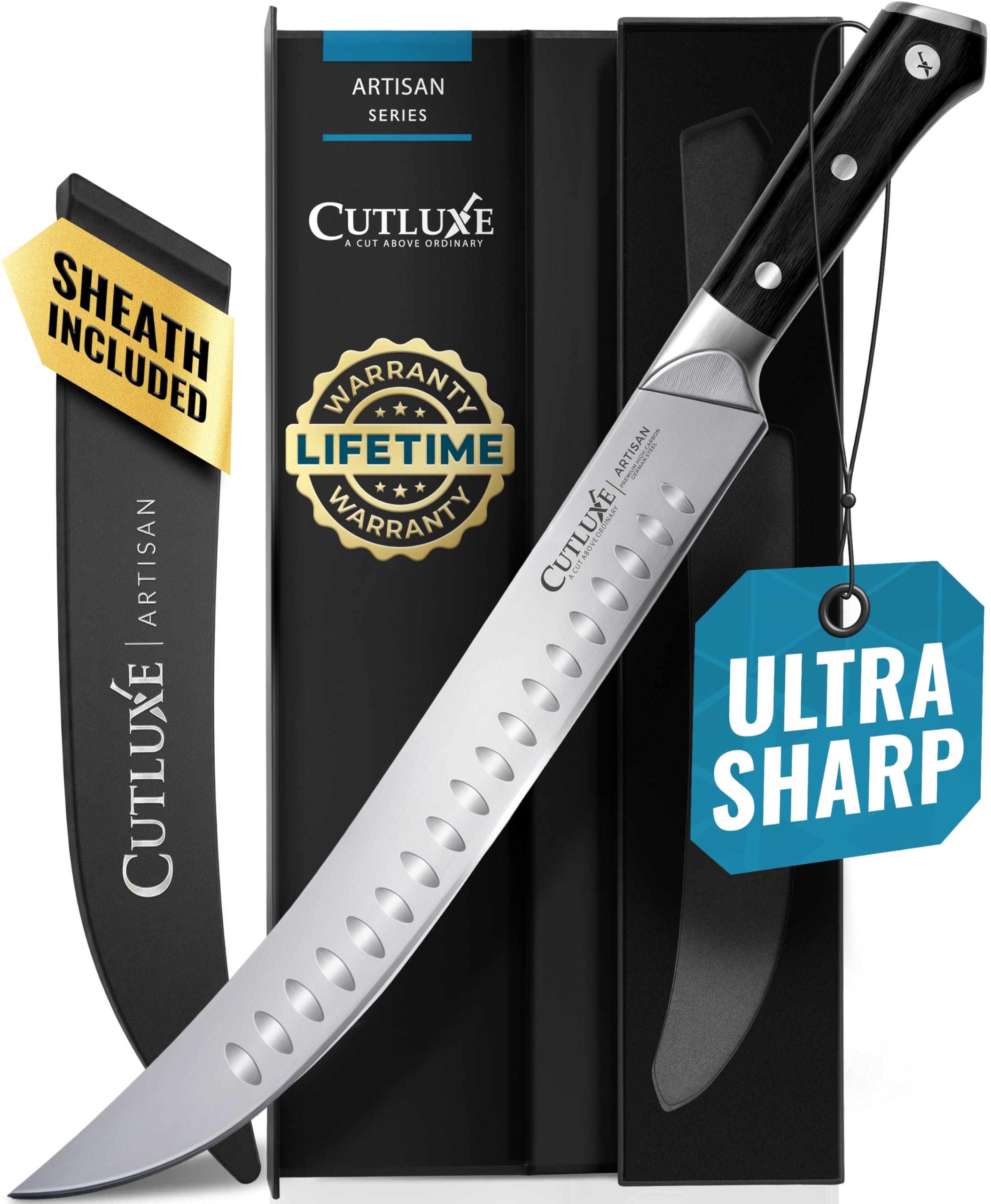 Cutluxe 10-inch cimeter front view showing blade and handle for confident slicing