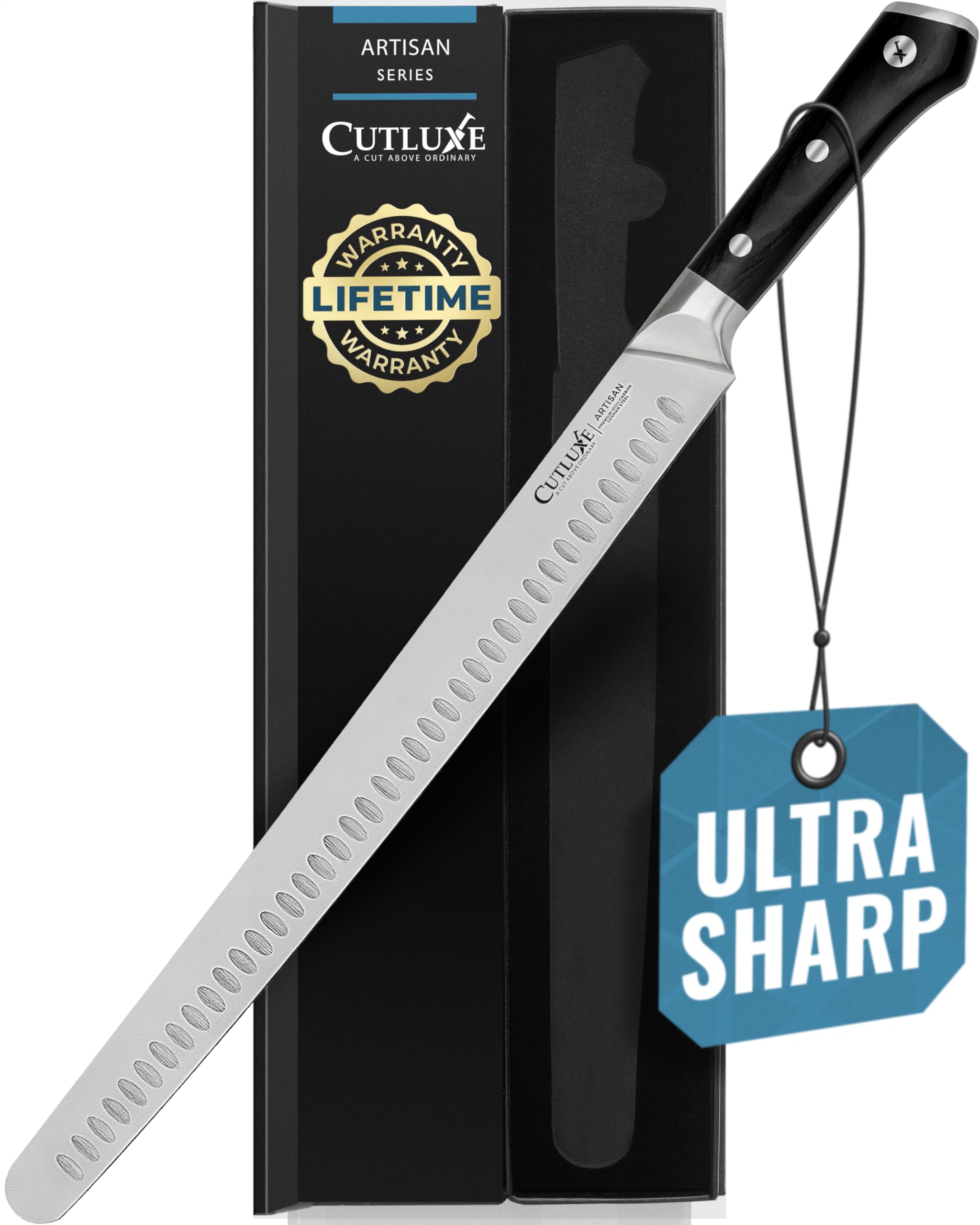 Cutluxe 14-inch full blade front view showing long slicing reach and precision