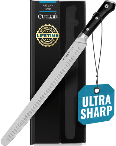Cutluxe 14-inch full blade front view showing long slicing reach and precision