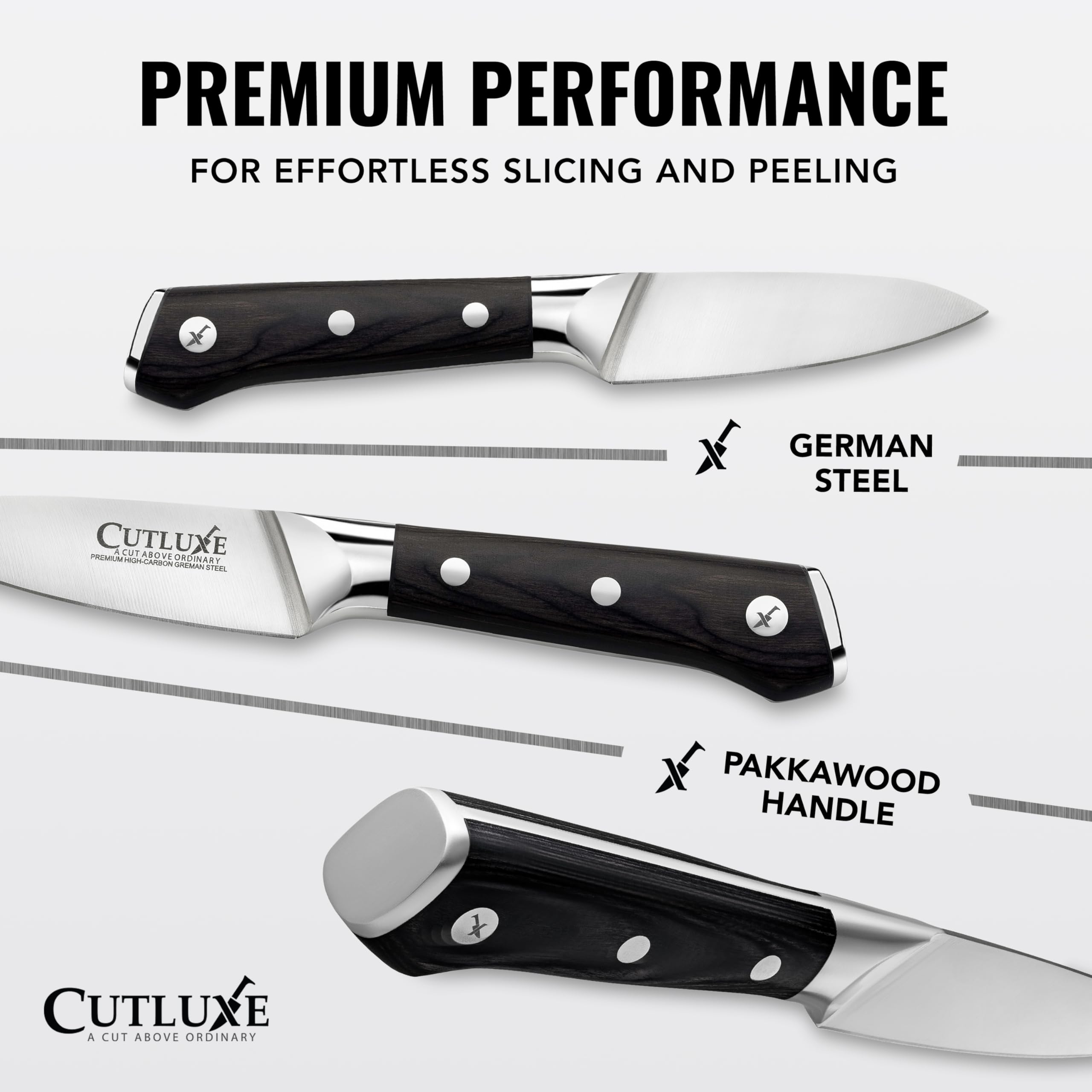 Cutluxe 4-inch fruit knife blade close-up demonstrating razor sharpness