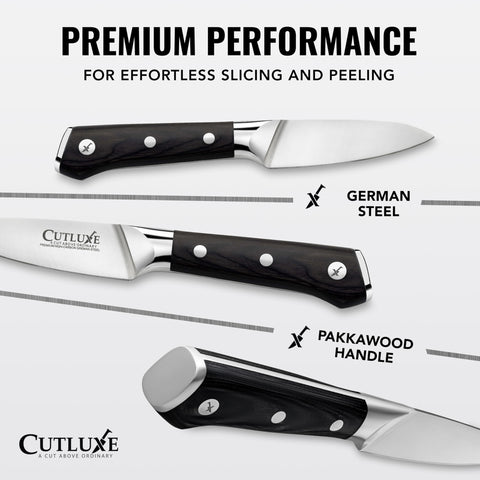 Cutluxe 4-inch fruit knife blade close-up demonstrating razor sharpness