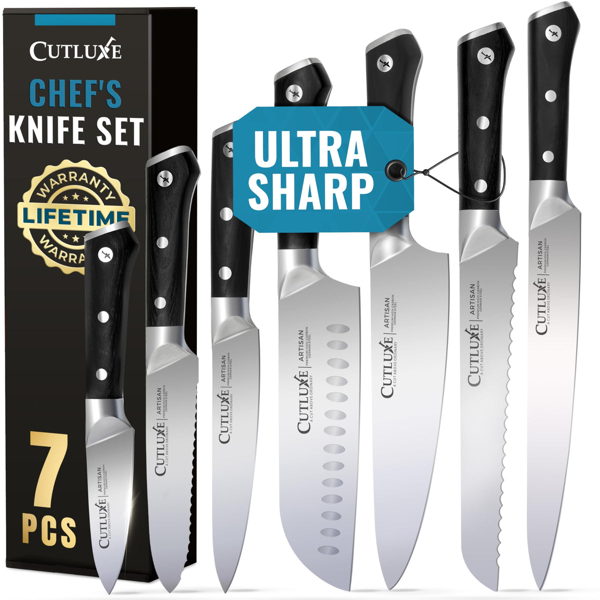 Cutluxe full 7-piece set front view showing versatile blades and polished finish