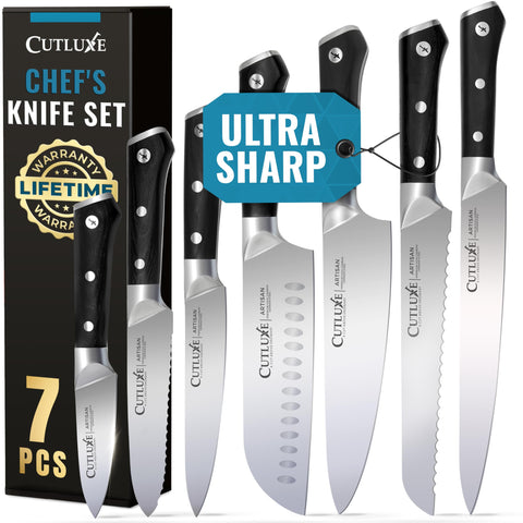 Cutluxe full 7-piece set front view showing versatile blades and polished finish