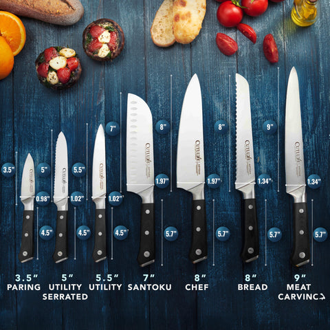 Cutluxe 8-inch chef knife closeup highlighting balanced design and control
