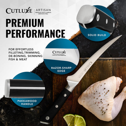 Cutluxe blade closeup revealing German steel taper and a razor-like edge