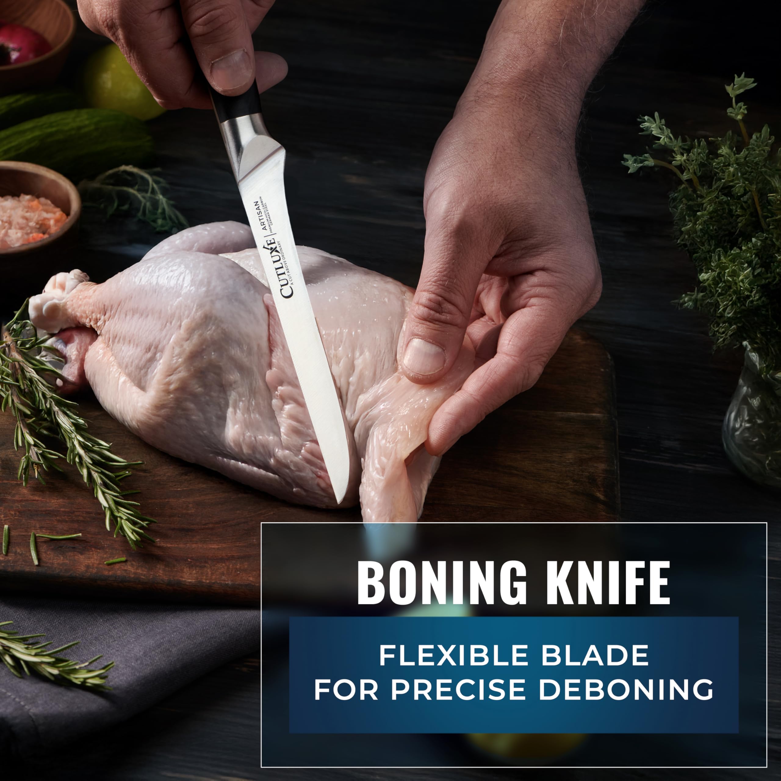 Cutluxe boning knife working around bone for precise meat removal
