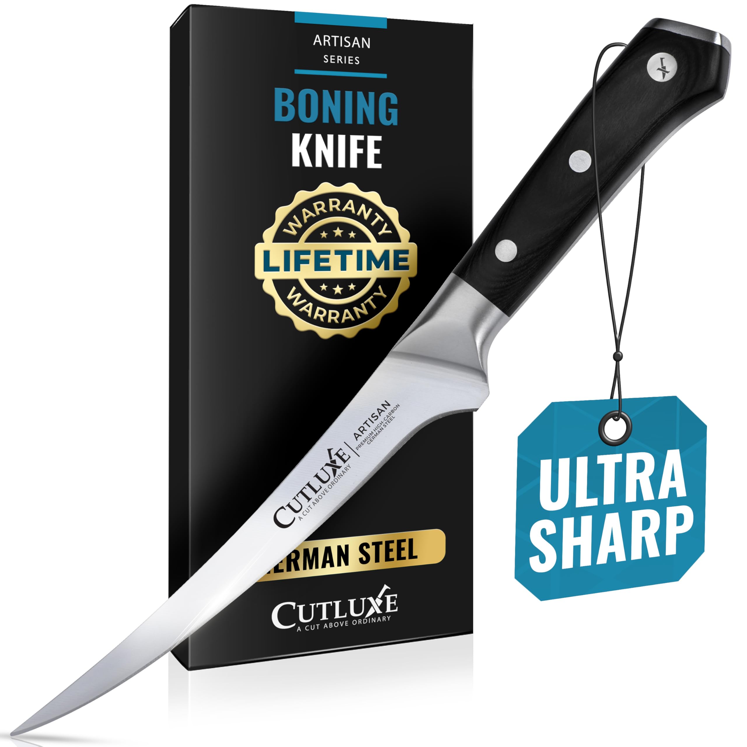 Cutluxe boning knife front view showing full blade and balance for precision