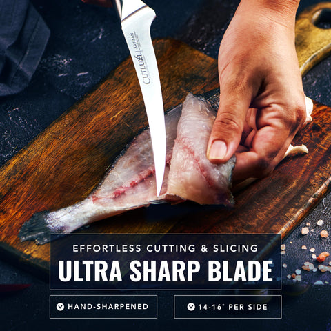 Cutluxe in use filleting a fish for cleaner, thinner fillets