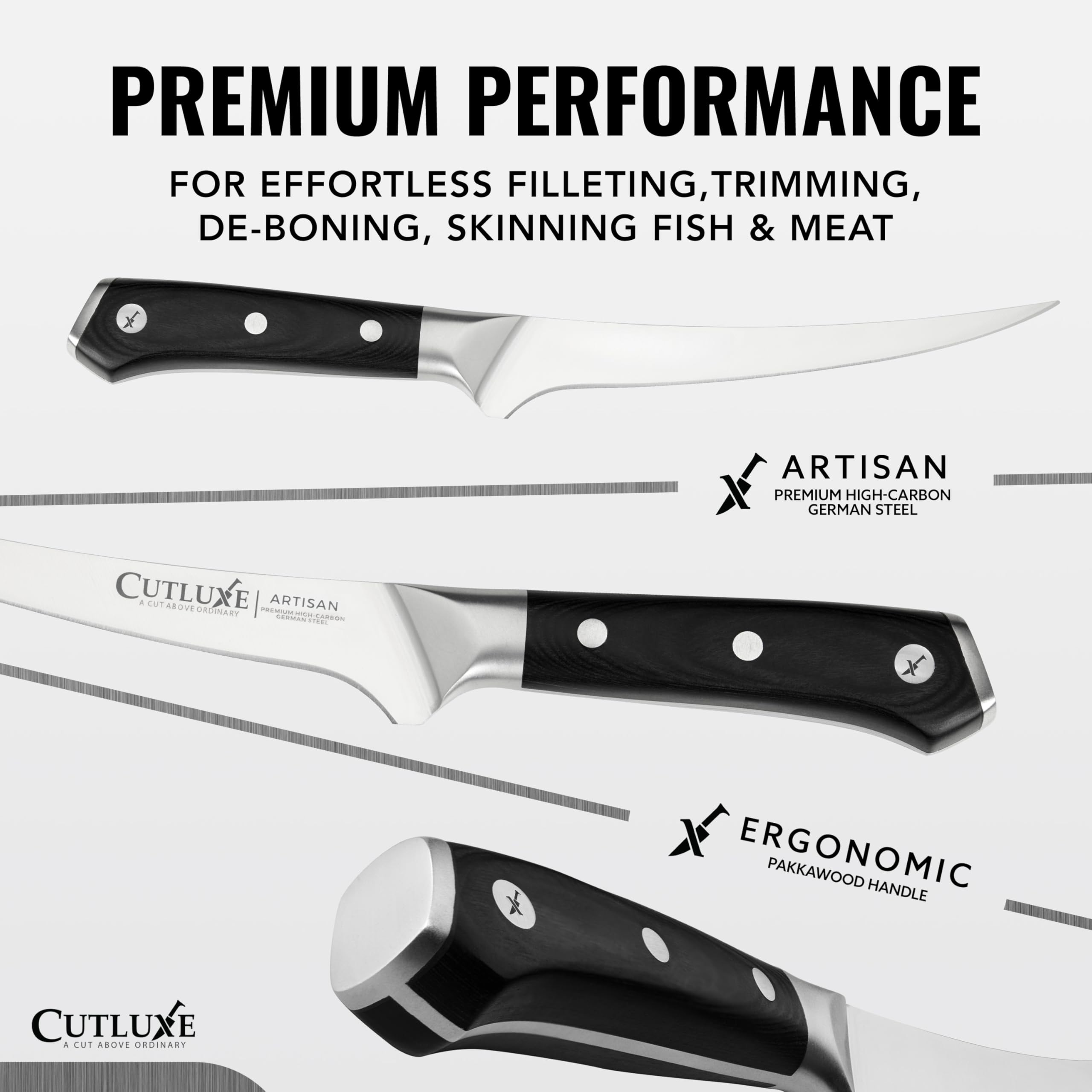 Cutluxe knife on kitchen counter in lifestyle scene conveying professional results