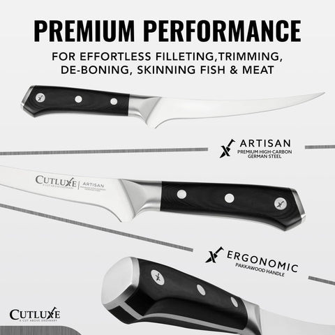 Cutluxe knife on kitchen counter in lifestyle scene conveying professional results