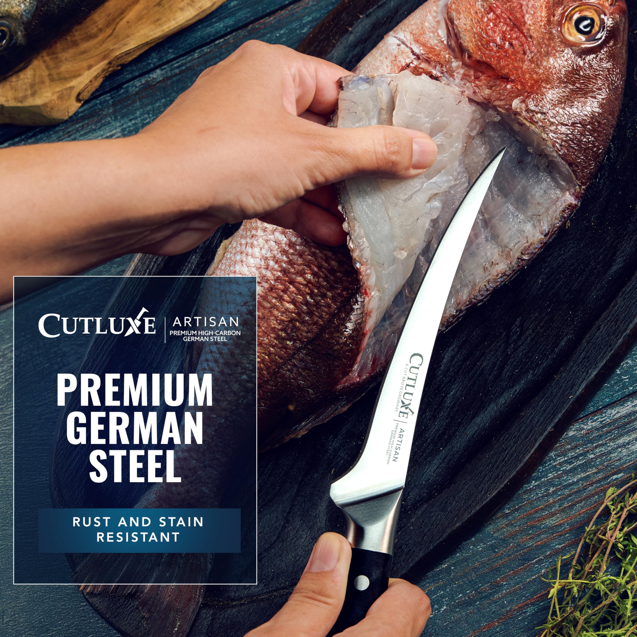 Cutluxe next to ruler showing 6-inch blade for size and scale clarity