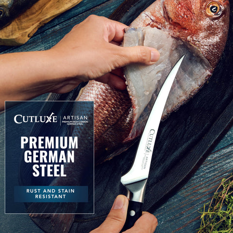 Cutluxe next to ruler showing 6-inch blade for size and scale clarity