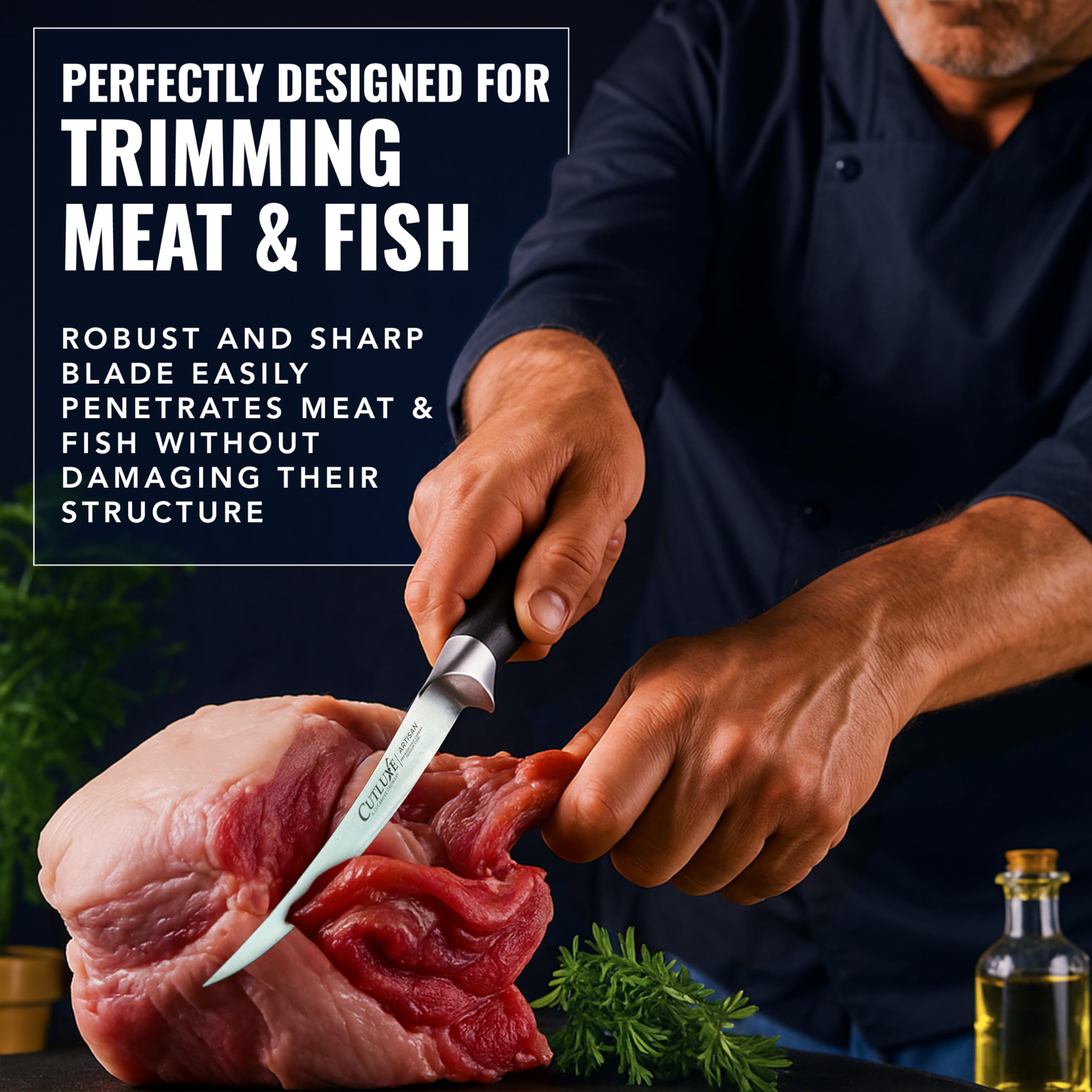 Cutluxe trimming meat along a bone for reduced waste and accuracy