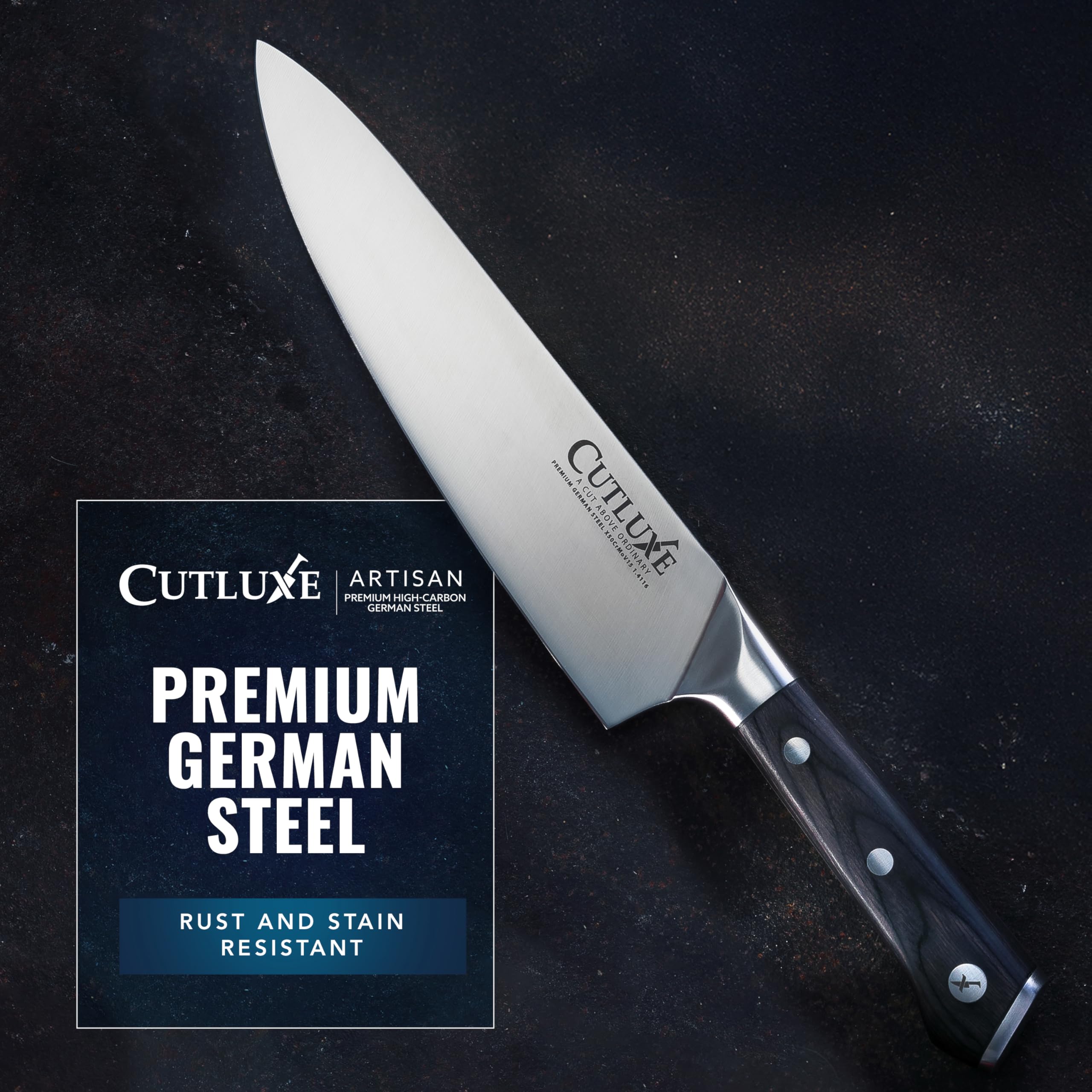 Cutluxe bread knife cutting loaf showing serration for clean slices