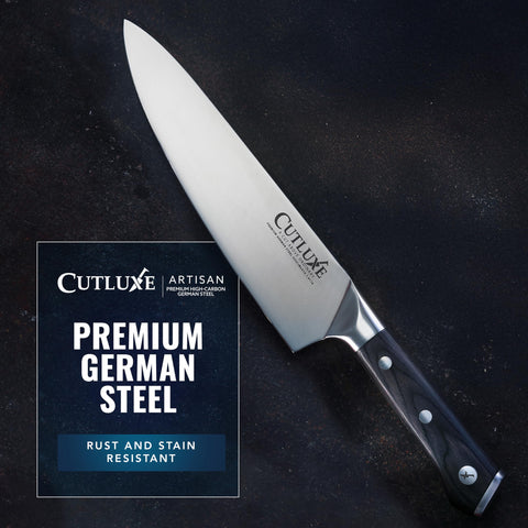 Cutluxe bread knife cutting loaf showing serration for clean slices