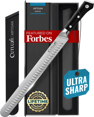Cutluxe brisket knife front view showing full 12-inch blade and ergonomic handle for precise cuts