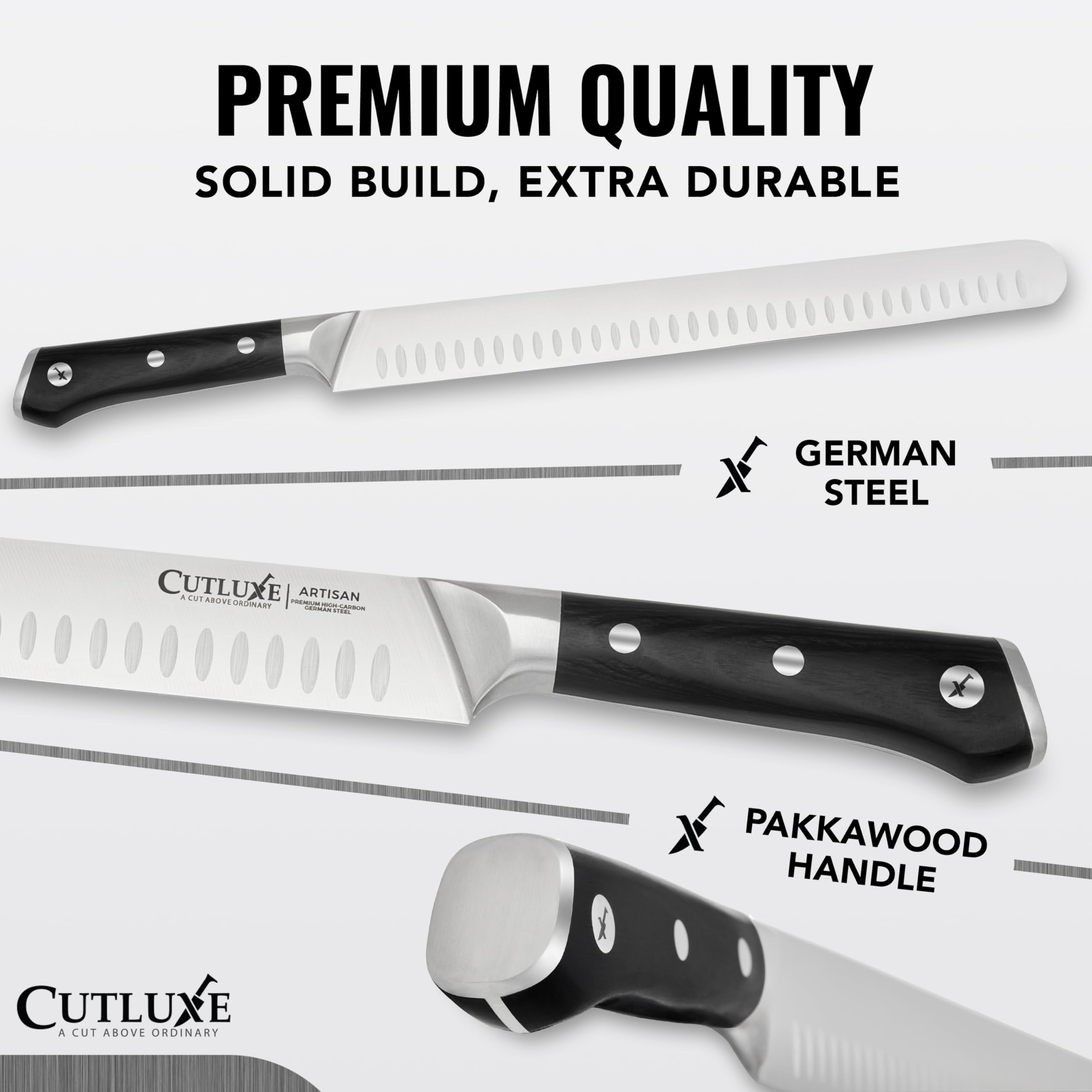 Cutluxe brisket knife Granton scalloped blade close-up reducing drag for cleaner slices