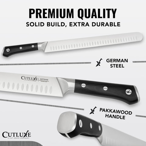 Cutluxe brisket knife Granton scalloped blade close-up reducing drag for cleaner slices