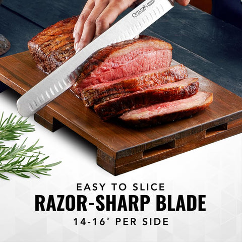 Cutluxe brisket knife pakkawood handle detail with triple rivets for secure comfortable grip