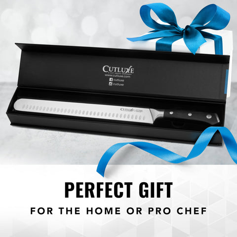 Cutluxe brisket knife in a backyard BBQ lifestyle setting demonstrating restaurant-quality slicing