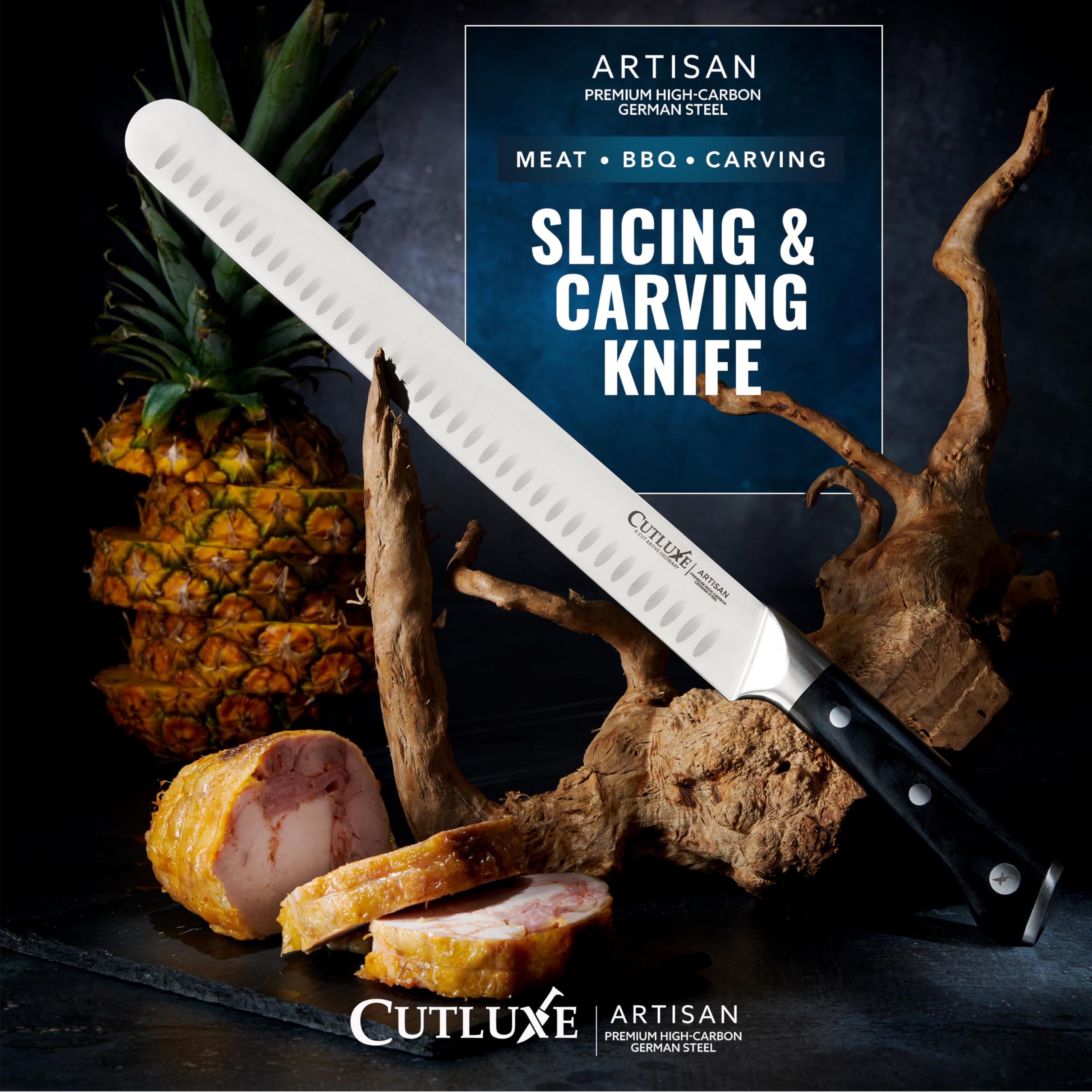 Cutluxe brisket knife polished edge reflection highlighting hand-sharpened 14–16° angle for sharpness