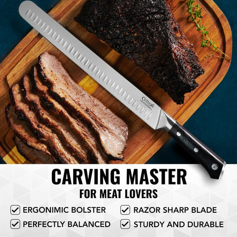 Cutluxe brisket knife next to ruler showing 12-inch blade for accurate size and scale