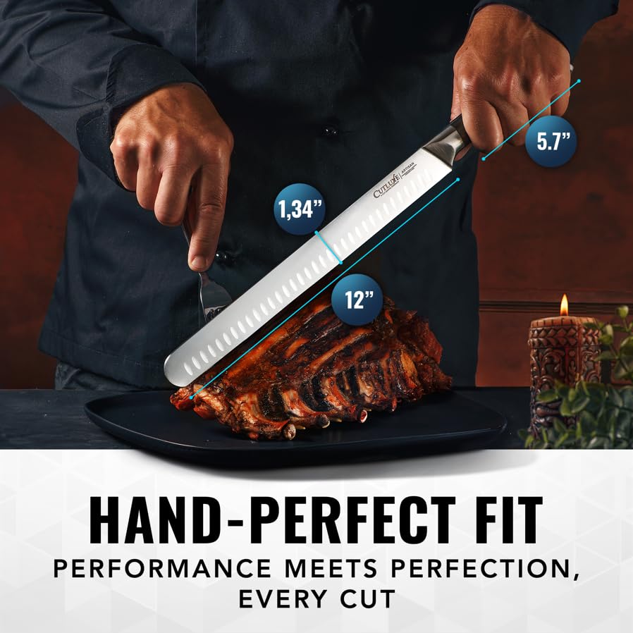 Cutluxe brisket knife with protective sheath displayed for safe storage and transport