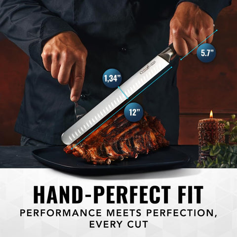 Cutluxe brisket knife with protective sheath displayed for safe storage and transport