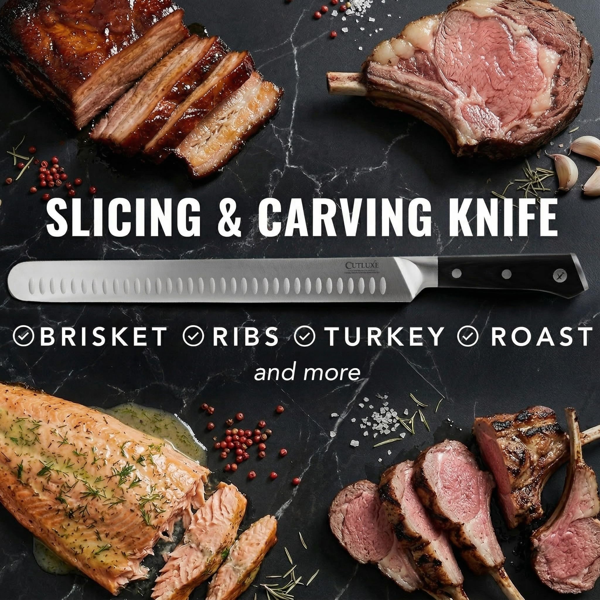 Cutluxe brisket knife slicing brisket in use to demonstrate smooth single-stroke carving advantage
